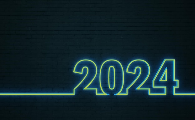Koncepcja kreatywnego projektowania nowego roku 2024 ze światłami LED 3D renderowany obraz