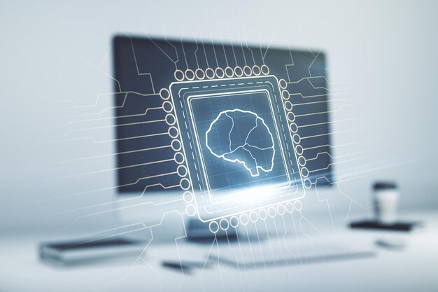 Koncepcja kreatywnej sztucznej inteligencji z hologramem ludzkiego mózgu na tle nowoczesnego laptopa. Wielokrotna ekspozycja