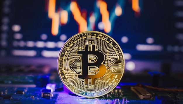 Koncepcja kryptowalut Złoty bitcoin na płycie głównej Przyszłość pieniądza Sprzęt obliczeniowy