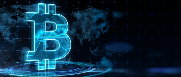 Koncepcja kryptowaluty i pieniędzy cyfrowych z jasnoniebieskim symbolem bitcoin na wirtualnym kole na ciemnym tle z miejscem na plakat reklamowy i makietę renderowania 3D sylwetki mapy świata