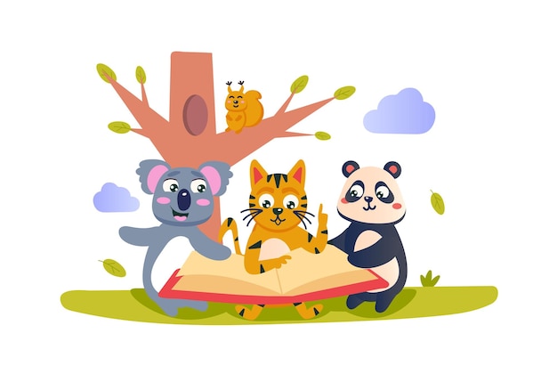 Koncepcja książki do czytania z sceną postaci w płaskim rysunku kreskówkowym Wesoły kot koala i panda