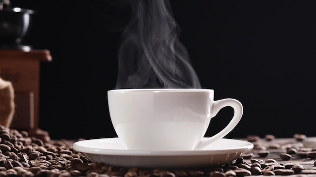 Koncepcja kubek gorącej kawy. Biała filiżanka z pięknym parującym dymem, młynek do kawy w stylu vintage
