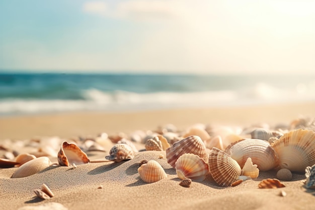 Koncepcja lato piaszczysta plaża tło z muszelek AI generowane