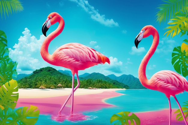 Koncepcja letnich wakacji Flamingo Paradise Odkrywanie tętniących życiem cudów wybrzeża Generacyjna sztuczna inteligencja