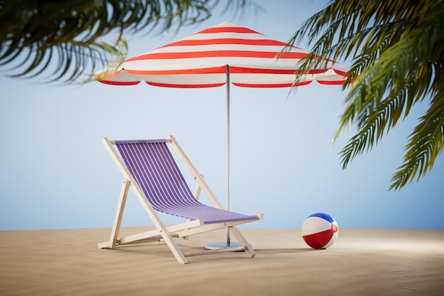 Koncepcja letnich wakacji piaszczystej plaży z leżakiem, parasolem i piłką 3D renderowania