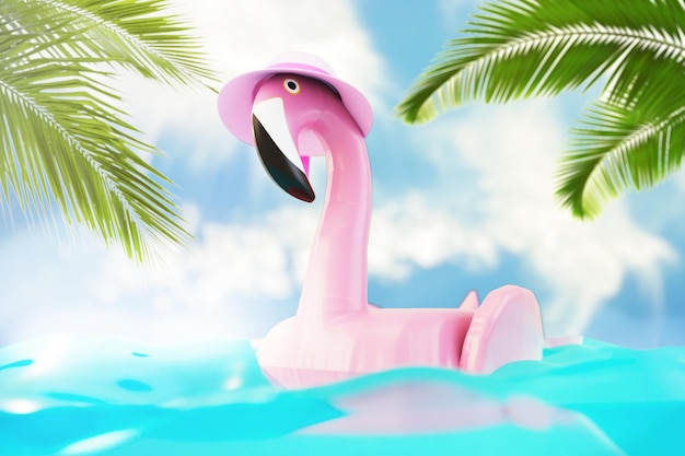 Koncepcja letnich wakacji różowe koło flamingo unoszące się na wodzie renderowania 3d