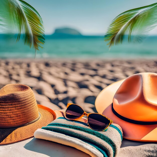 Zdjęcie koncepcja letniego tła wakacje na plaży słoneczna piaszczysta plaża z letnią czapką okulary przeciwsłoneczne i ręcznik sum
