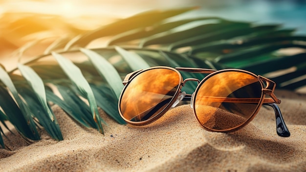 Koncepcja letniej plaży i wakacji Okulary przeciwsłoneczne i liście palmowe