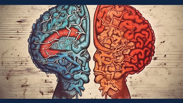 Zdjęcie koncepcja lewego prawego ludzkiego mózgu część kreatywna i część logiczna z doodle społecznościowym i biznesowym