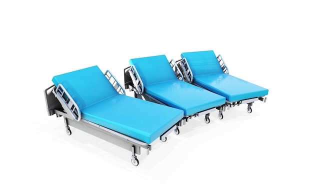 Koncepcja łóżka szpitalnego z elektronicznym sterowaniem z konsoli z zakraplaczem i stołem 3d render na białym tle z cieniem