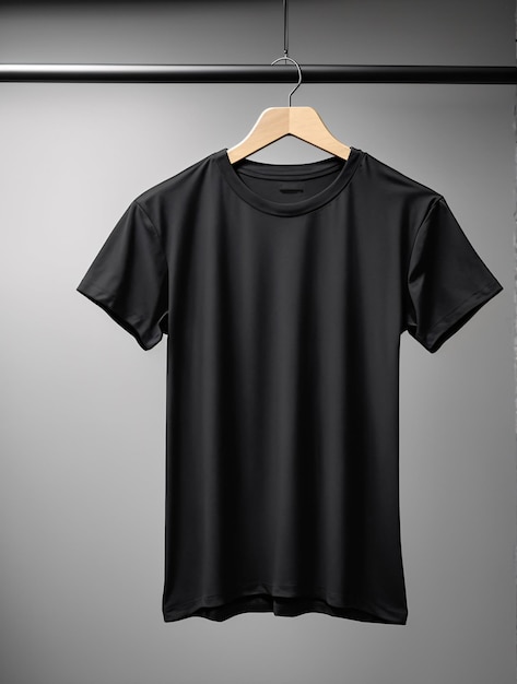 Koncepcja makiety czarnej koszulki z prostą odzieżą na tle białej ściany