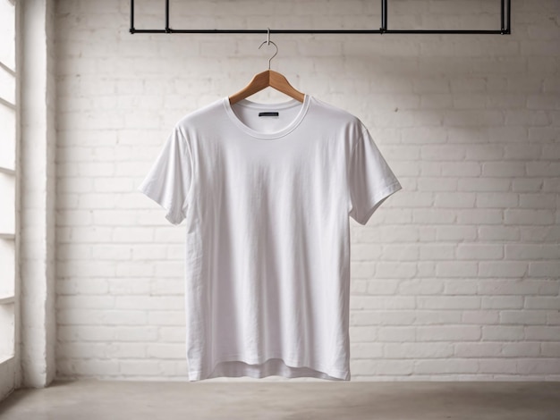 Koncepcja makiety koszuli z białymi koszulkami z miejscem na kopię zwykłego ubrania na tle białej ściany