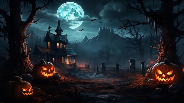 Zdjęcie koncepcja malarstwa artystycznego tła halloween z dynią na strasznym cmentarzu w nocy