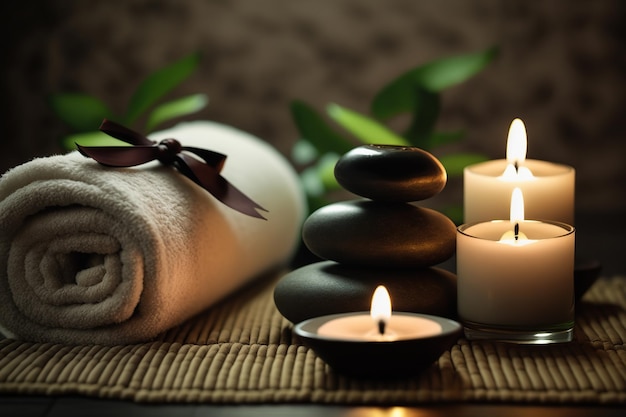 Koncepcja masażu Spa Ai Stones ze świecami na bambusowej macie