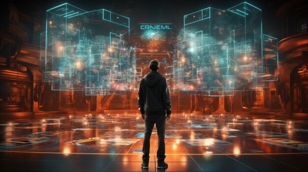 Zdjęcie koncepcja metaverse i technologii blockchain ludzie dotykają obiektów, aby doświadczyć wirtualnych światów metaverse