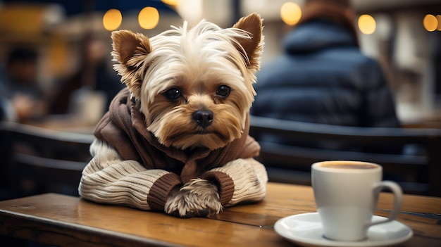Koncepcja miejsc przyjaznych dla zwierząt domowych Mały uroczy pies siedzący przy stole w kawiarni Koncepcja wsparcia emocjonalnego