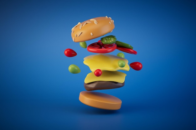 Koncepcja miłości do fast foodów, hamburger latający na niebieskim tle renderowania 3D