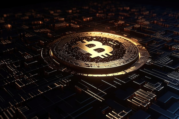 Koncepcja monety bitcoinowej na czarnym tle nad miastem