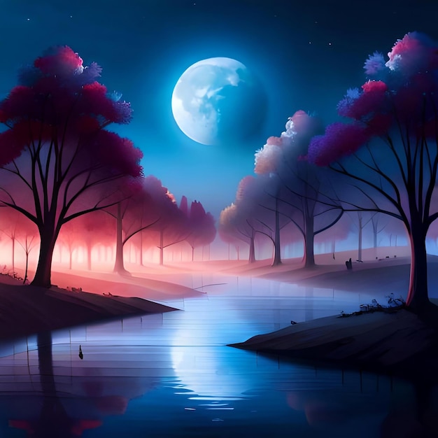 Koncepcja motywu niebieski i różowy Piękny nocny krajobraz nad jeziorem z wschodzącym księżycem w pełni i rozgwieżdżonym niebem