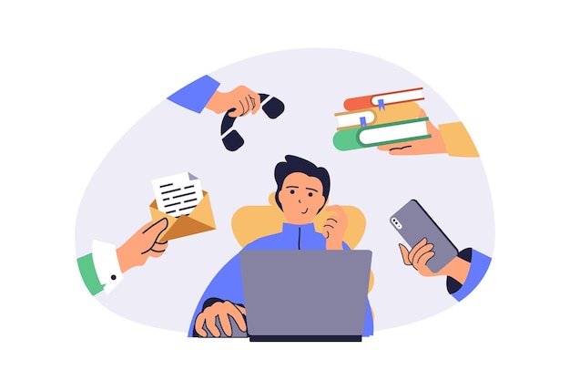 Koncepcja multitasking web z płaskimi kreskówkami ludzi do projektowania stron internetowych Człowiek wykonujący zadania robocze i rutyny organizacyjne w biurze kodowanie na laptopie robienie papierów zakupy online Ilustracja wektorowa
