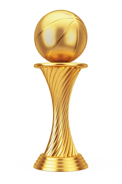 Zdjęcie koncepcja nagrody koszykówki. złota nagroda trofeum piłka do koszykówki na białym tle. renderowanie 3d.