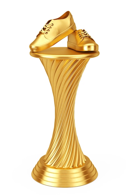 Zdjęcie koncepcja nagrody obuwia. golden award trophy nowe niemarkowe trampki obuwie na białym tle. renderowanie 3d.