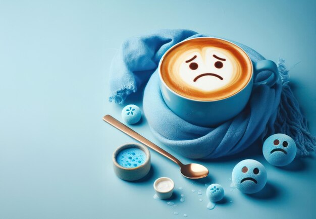 Koncepcja niebieskiego poniedziałku Niebieskie filiżanki kawy z kawą cappuccino i niebieską chustką