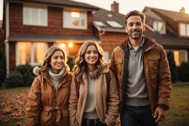 Zdjęcie koncepcja nieruchomości szczęśliwa rodzina na zewnątrz nowego domu