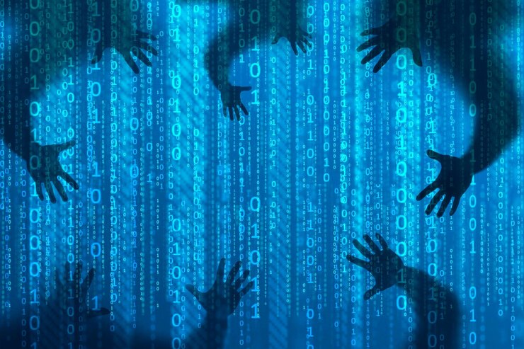 Zdjęcie koncepcja niestabilności w sieciach komputerowych cień złodzieja z binarnym lub cyfrowym tłem kradnący informacje w sieci