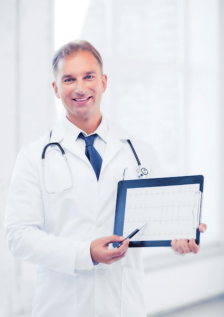 koncepcja opieki zdrowotnej i medycznej - mężczyzna lekarz ze stetoskopem pokazujący kardiogram
