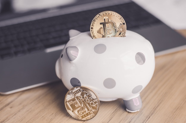 Zdjęcie koncepcja oszczędności: piggy bank and bitcoin coin wirtualne pieniądze. kryptowaluta