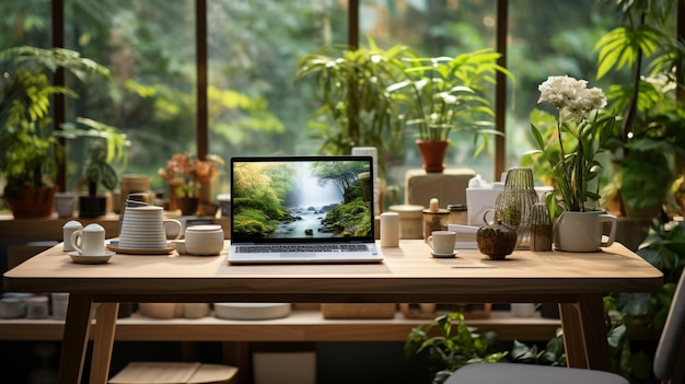 Koncepcja pięknego biurka High View z laptopem Ai Generated