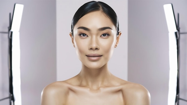 Koncepcja pielęgnacji skóry i makijażu piękna azjatycka kobieta ze zdrową skórą twarzy portret z bliska
