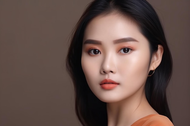 Koncepcja pielęgnacji skóry i makijażu piękna azjatycka kobieta ze zdrową skórą twarzy z bliska zdjęcie portretowe w studiu