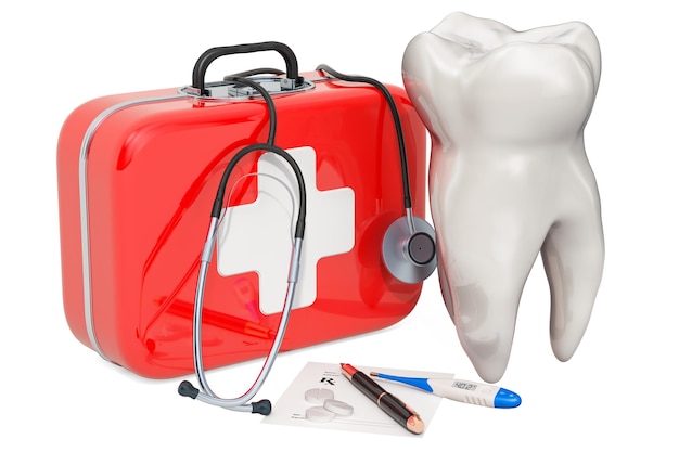 Zdjęcie koncepcja pierwszej pomocy dentystycznej ząb z zestawem pierwszej pomocy renderowania 3d