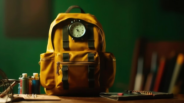 koncepcja plecaka do szkoły z żółtym plecakiem i akcesoriami do uczenia się