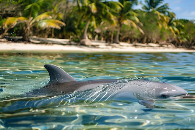 Koncepcja podróży delfin pływający w pobliżu tropikalnej plaży