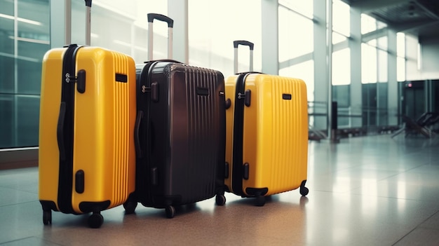 Koncepcja podróży z bagażem w czarnych i żółtych walizkach na lotnisku w terminalu lotniczym Generative AI ilustrator