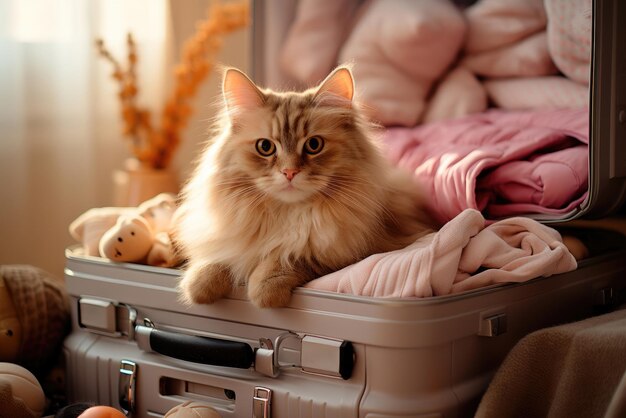 Koncepcja podróży z zabawnym kotem siedzącym na walizce, życie z zwierzętami.