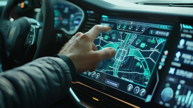 Koncepcja pojazdu człowiek używający interfejsu ekranu dotykowego panelu samochodowego GPS DVD kolory vintage używający sterowania systemem samochodowym