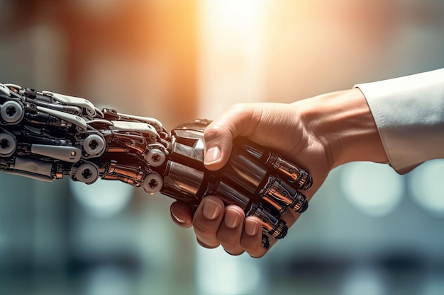 Koncepcja połączenia robota i człowieka stworzona przy użyciu technologii Generative AI