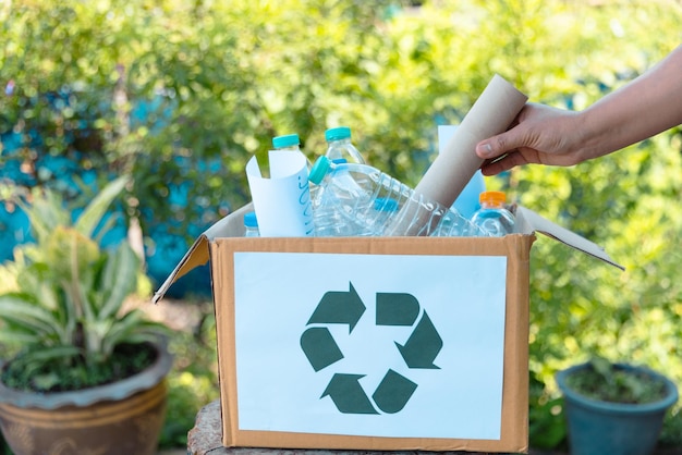Koncepcja ponownego wykorzystania odpadów z plastikowych butelek Wolontariusze przechowują plastikowe butelki w pudełkach kartonowych w parku Wyrzucenie recyklingu i gospodarowania odpadami Dobre sumienie