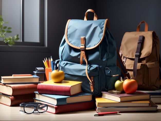 Zdjęcie koncepcja powrotu do szkoły z książkami, ołówkami, torbami szkolnymi i innymi przedmiotami edukacyjnymi