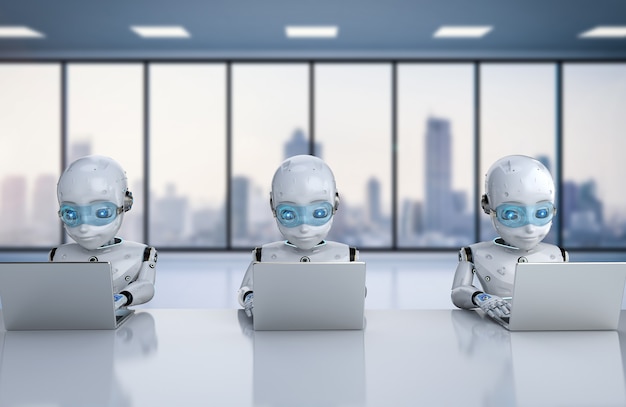 Koncepcja pracownika biurowego automatyzacji z grupą renderowania 3d uroczych robotów pracuje z notebookiem komputerowym