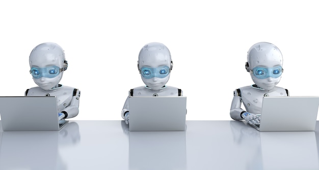 Koncepcja pracowników biurowych automatyzacji z grupą renderowania 3d uroczych robotów pracuje z notebookiem na białym tle