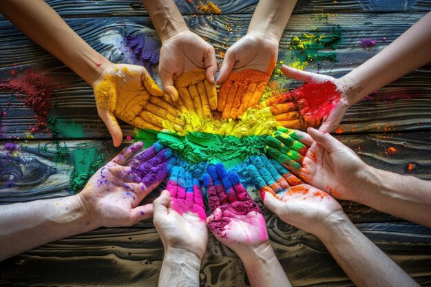 Zdjęcie koncepcja praw lgbt ręce wokół serca pomalowanego jak flaga lgbt
