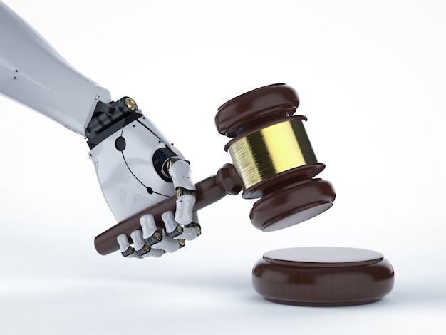 Koncepcja prawa cybernetycznego z renderowaniem 3d robotyczna ręka trzymająca sędziego młotka na białym tle