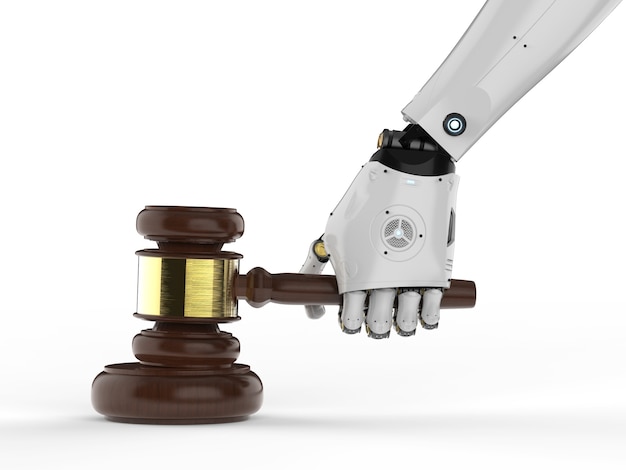 Koncepcja prawa cybernetycznego z renderowaniem 3d robotyczna ręka trzymająca sędziego młotka na białym tle