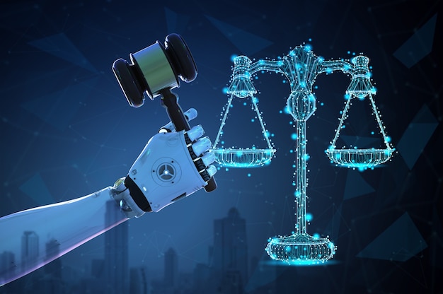 Zdjęcie koncepcja prawa internetowego z robotem ai ze skalą prawa i sędzią młotkowym