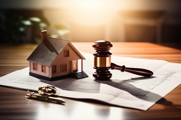 Koncepcja prawa nieruchomości Gavel i dom na stole